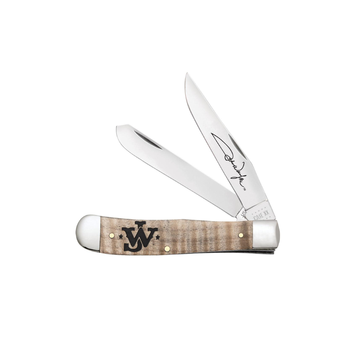 CASE KNIVES JOHN WAYNE EMBELLISHED SMOOTH NATURAL CURLY MAPLE WOOD TRAPPER